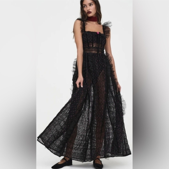 NWT For Love and Lemons Janelle Black Pink Polka Dot Tiered Ruffle Maxi Dress - Picture 2 of 14